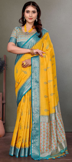 Yellow color Saree in Banarasi Silk fabric with Weaving work