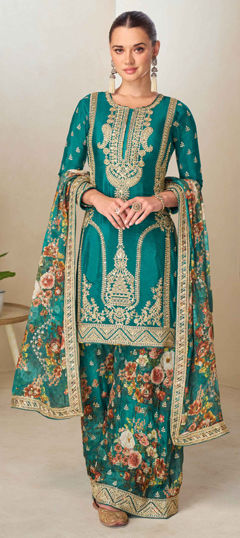Blue color Salwar Kameez in Chinon Silk fabric with Digital Print, Embroidered, Sequence work