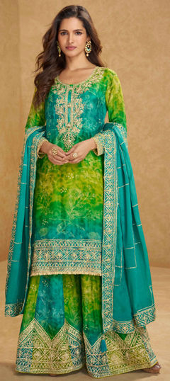 Blue, Green color Salwar Kameez in Chinon Silk fabric with Embroidered, Gota Patti, Mirror, Sequence, Tye n Dye work