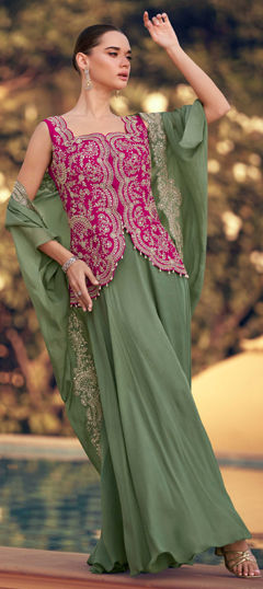 Pink and Majenta color Salwar Kameez in Chinon Silk fabric with Bugle Beads, Embroidered, Sequence, Stone work