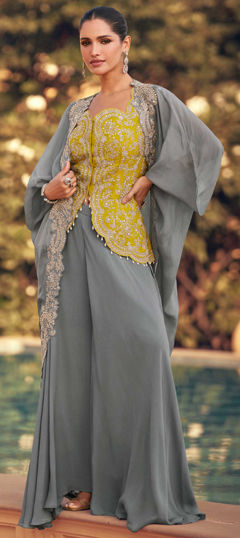 Yellow color Salwar Kameez in Chinon Silk fabric with Bugle Beads, Embroidered, Sequence, Stone work