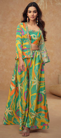 Green color Salwar Kameez in Chinon Silk fabric with Digital Print, Embroidered work