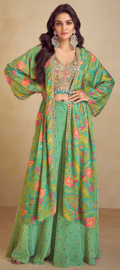 Green color Salwar Kameez in Chinon Silk fabric with Digital Print, Embroidered work