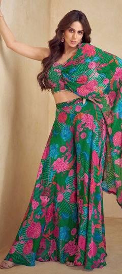 Green color Salwar Kameez in Chinon Silk fabric with Digital Print, Embroidered work