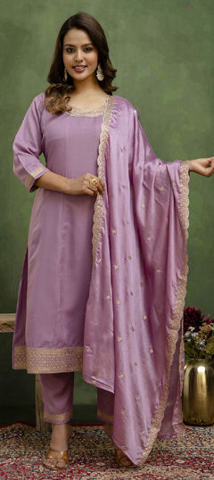 Purple and Violet color Salwar Kameez in Rayon, Viscose fabric with Embroidered, Thread work