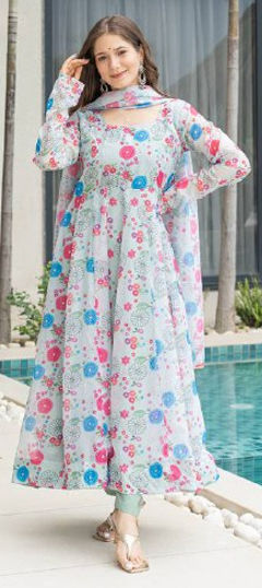 White and Off White color Salwar Kameez in Organza Silk fabric with Floral, Printed work