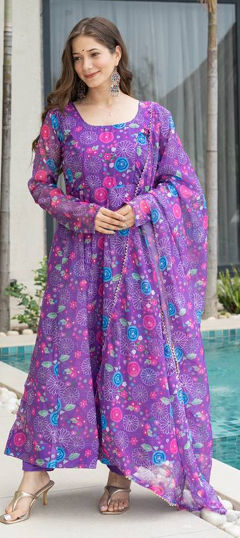 Purple and Violet color Salwar Kameez in Organza Silk fabric with Floral, Printed work