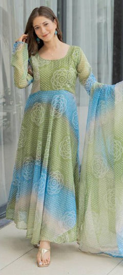 Multicolor color Salwar Kameez in Organza Silk fabric with Bandhej, Printed work