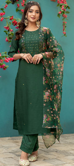 Green color Salwar Kameez in Silk fabric with Embroidered, Sequence, Thread work