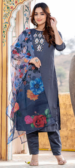 Black and Grey color Salwar Kameez in Silk fabric with Embroidered, Sequence, Thread work