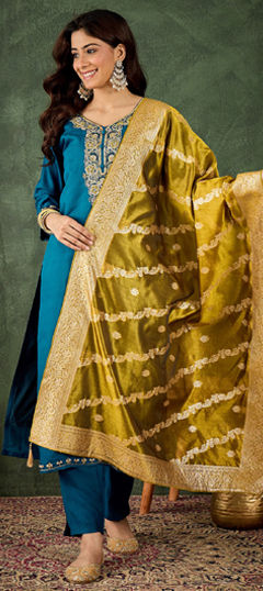Blue color Salwar Kameez in Rayon, Viscose fabric with Embroidered, Thread work