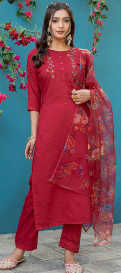 Red and Maroon color Salwar Kameez in Silk fabric with Embroidered, Sequence, Thread work