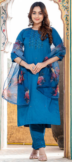 Blue color Salwar Kameez in Silk fabric with Embroidered, Sequence, Thread work