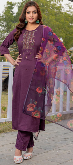 Purple and Violet color Salwar Kameez in Silk fabric with Embroidered, Sequence, Thread work