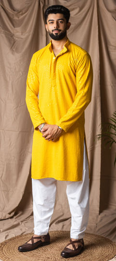 Yellow color Kurta Pyjamas in Rayon fabric with Embroidered, Thread work