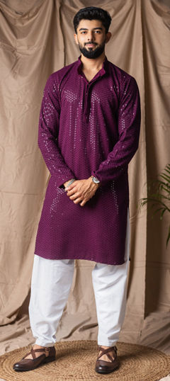 Purple and Violet color Kurta Pyjamas in Rayon fabric with Embroidered, Thread work
