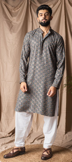 Black and Grey color Kurta Pyjamas in Rayon fabric with Embroidered, Thread work