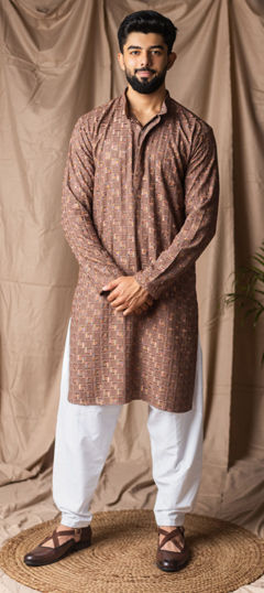 Beige and Brown color Kurta Pyjamas in Rayon fabric with Embroidered, Thread work