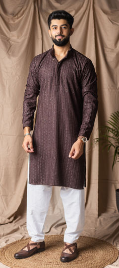 Beige and Brown color Kurta Pyjamas in Rayon fabric with Embroidered, Thread work