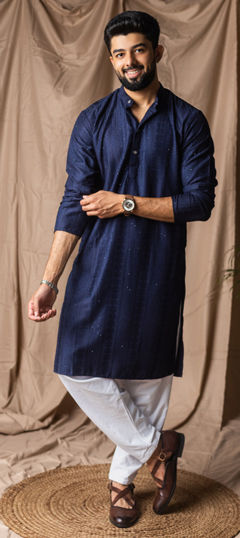 Blue color Kurta Pyjamas in Rayon fabric with Embroidered, Thread work