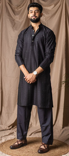 Black and Grey color Kurta Pyjamas in Rayon fabric with Embroidered, Thread work