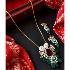 Gold Rodium Polish Green color Pendant in Brass studded with Kundan