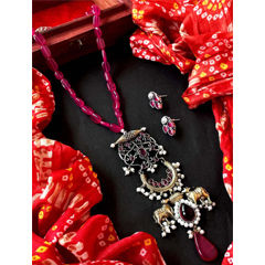 Gold and Silver Rodium Polish Red and Maroon color Pendant in Brass studded with Beads