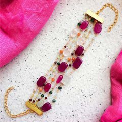 Gold Rodium Polish Pink and Majenta color Bracelet in Brass studded with CZ Diamond