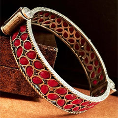 Gold Rodium Polish Red and Maroon color Bangles in Brass studded with Beads