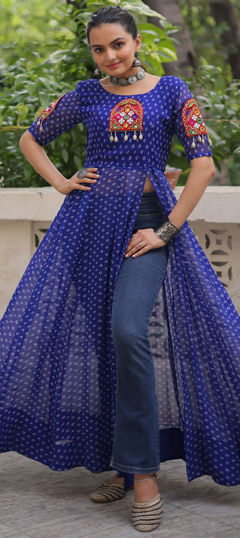 Blue color Kurti in Georgette fabric with Bandhej, Patch, Printed work