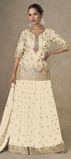 White and Off White color Salwar Kameez in Chinon Silk fabric with Cut Dana, Embroidered, Resham work