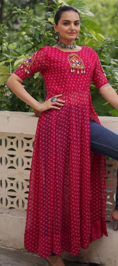 Pink and Majenta color Kurti in Faux Georgette fabric with Bandhej, Patch, Printed work