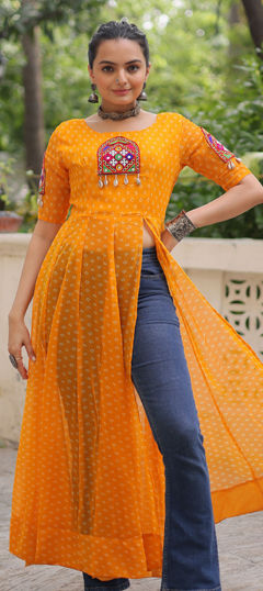 Yellow color Kurti in Faux Georgette fabric with Bandhej, Patch, Printed work
