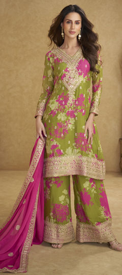 Green, Pink and Majenta color Salwar Kameez in Chinon Silk fabric with Embroidered, Mirror, Stone, Thread, Zari work