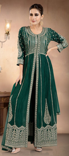 Green color Salwar Kameez in Chinon Silk, Georgette fabric with Embroidered, Sequence, Thread, Zari work