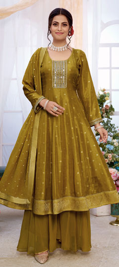 Green color Salwar Kameez in Art Silk fabric with Bugle Beads, Mirror, Sequence, Thread work