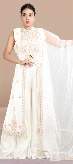 White and Off White color Salwar Kameez in Dolla Silk fabric with Cut Dana, Embroidered, Resham, Thread work