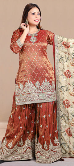 Beige and Brown color Salwar Kameez in Tissue fabric with Embroidered, Sequence, Thread work