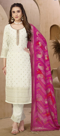 White and Off White color Salwar Kameez in Silk fabric with Embroidered, Sequence, Thread, Weaving work