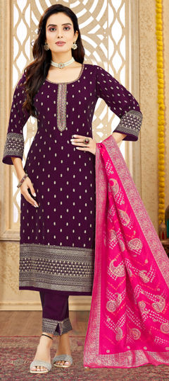Purple and Violet color Salwar Kameez in Silk fabric with Embroidered, Sequence, Thread, Weaving work