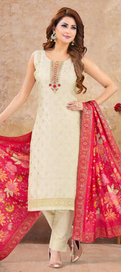 White and Off White color Salwar Kameez in Silk fabric with Embroidered, Sequence, Thread, Weaving work