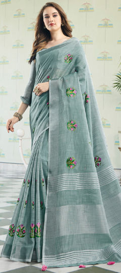 Green color Saree in Linen fabric with Embroidered, Weaving work
