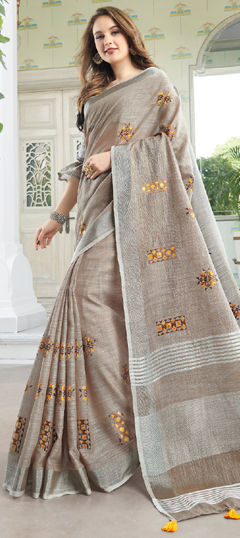 Beige and Brown color Saree in Linen fabric with Embroidered, Weaving work