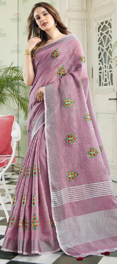 Purple and Violet color Saree in Linen fabric with Embroidered, Weaving work