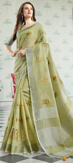 Green color Saree in Linen fabric with Embroidered, Weaving work