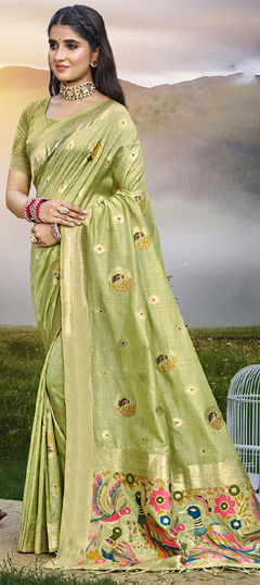 Green color Saree in Art Silk fabric with Printed, Weaving work