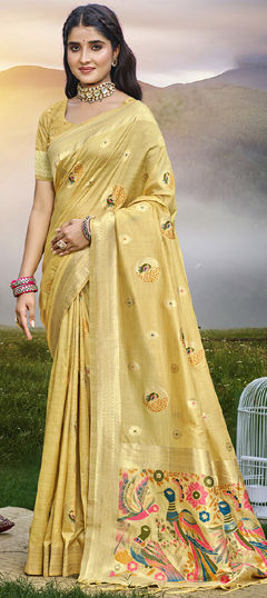Yellow color Saree in Art Silk fabric with Printed, Weaving work