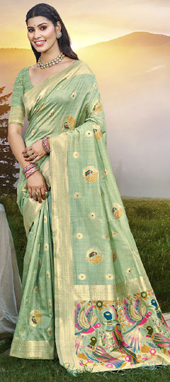 Green color Saree in Art Silk fabric with Printed, Weaving work