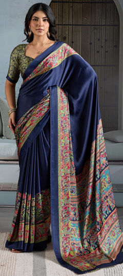Blue color Saree in Satin Silk fabric with Printed work