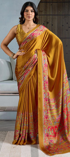 Beige and Brown color Saree in Satin Silk fabric with Printed work